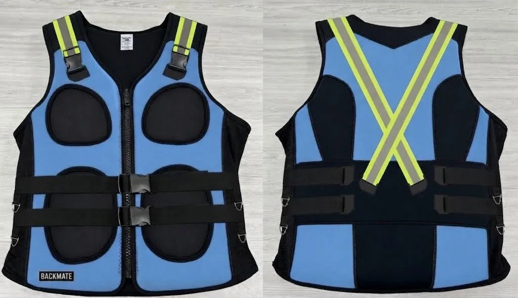 The Backmate prototype in blue, photographed front and back