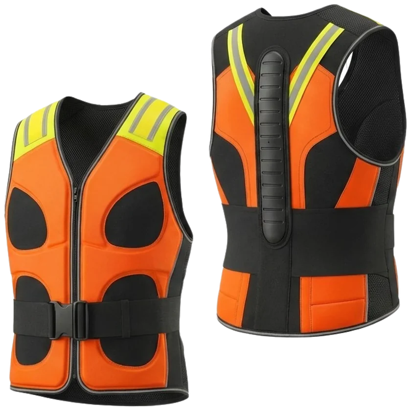 Product render of the Hybrid Vest V5, front and back, showing the reflective shoulder pads and the moulded spine channel
