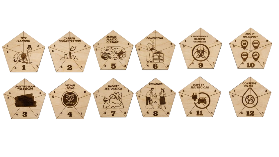 The twelve engraved Climadice faces, from tree planting and carbon sequestration through to public transport and conserving water
