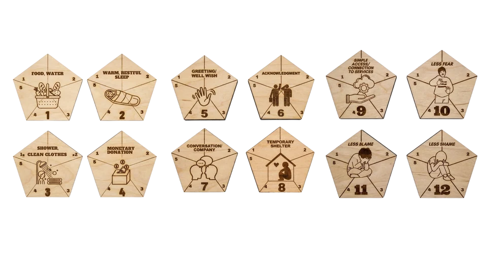 The twelve engraved Homelessfull faces, from food and water and warm sleep through to less fear, less blame and less shame