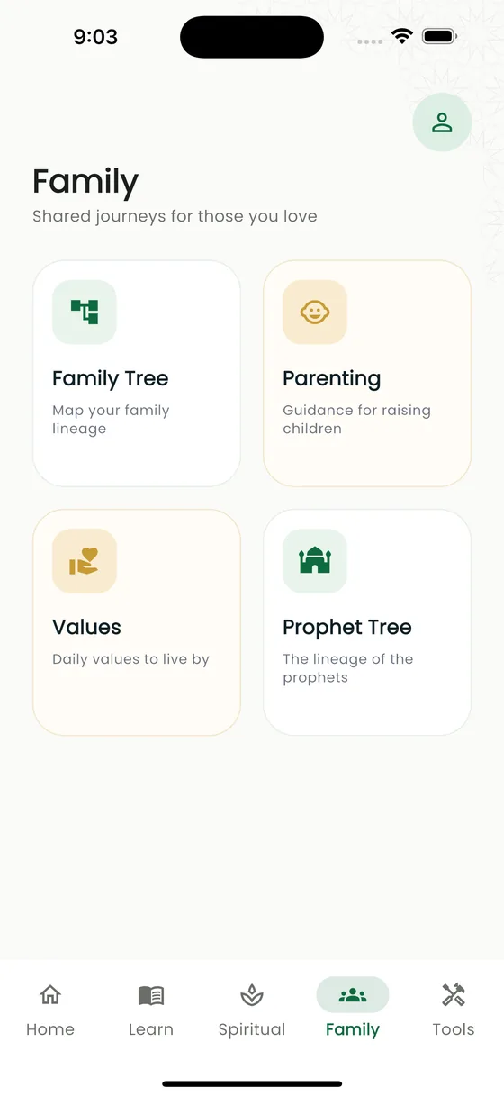 The NurPath family screen on a phone, with cards for the family tree, parenting, values and the prophets