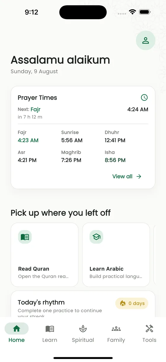 The NurPath home screen on a phone, showing the greeting, the prayer timetable and where to pick up reading