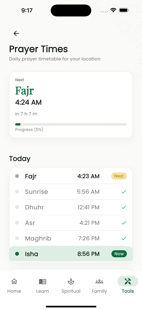 The NurPath prayer times screen on a phone, showing the next prayer and the full day timetable