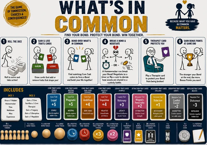 The What's in Common box front, showing the six steps of play, the trait card families and the full component list